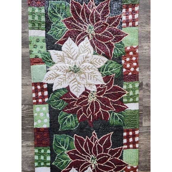 Table Runner Christmas Pointsettia Red White Green Holiday Decor 13"W x 66"L - Picture 2 of 6